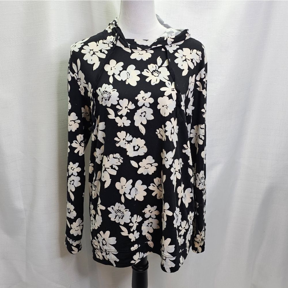 AnyBody Black and White Floral Hooded Long Sleeve Top Size XST